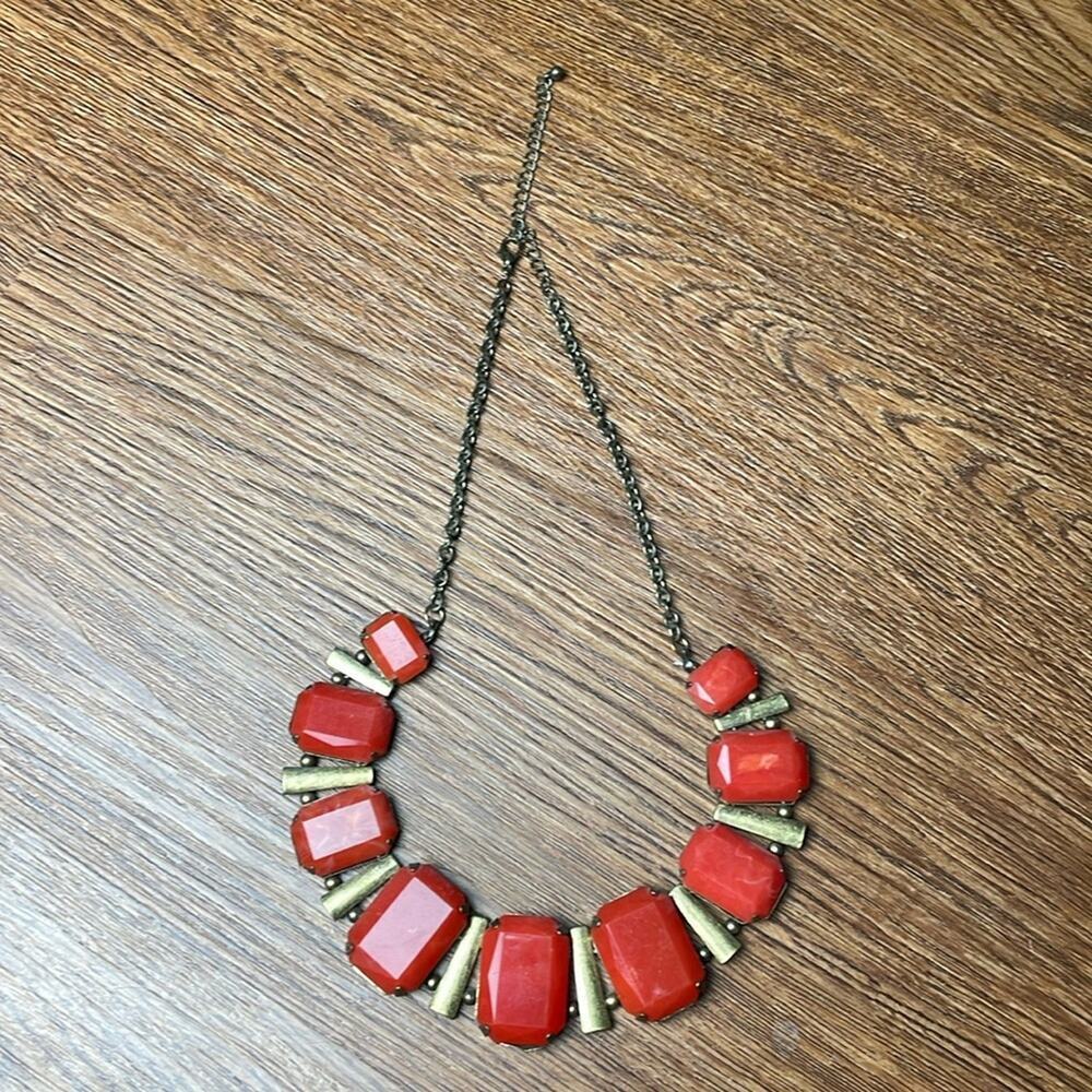 CHARMING CHARLIE Red Stone Brass Statement Necklace